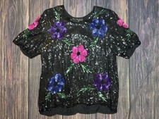 Vintage 80s 90s Sequin Beaded Silk Black Floral Party Top Medium