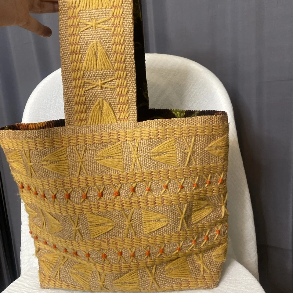 Bolso de Mano Vintage Años 70 Bordado Hilado Arpillera Naranja Amarillo Boho Hippie Foto 3 de 4