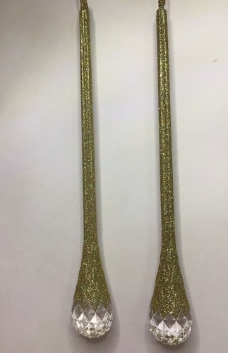 Icicle Teardrop Ornaments Plastic Clear Gold Glitter 8 Inch Set Of 2 - Picture 2 of 10