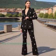 Occident Runway Women 2pcs Sets Rhinestone Blazer Suit Jacket Long Pants Fashion