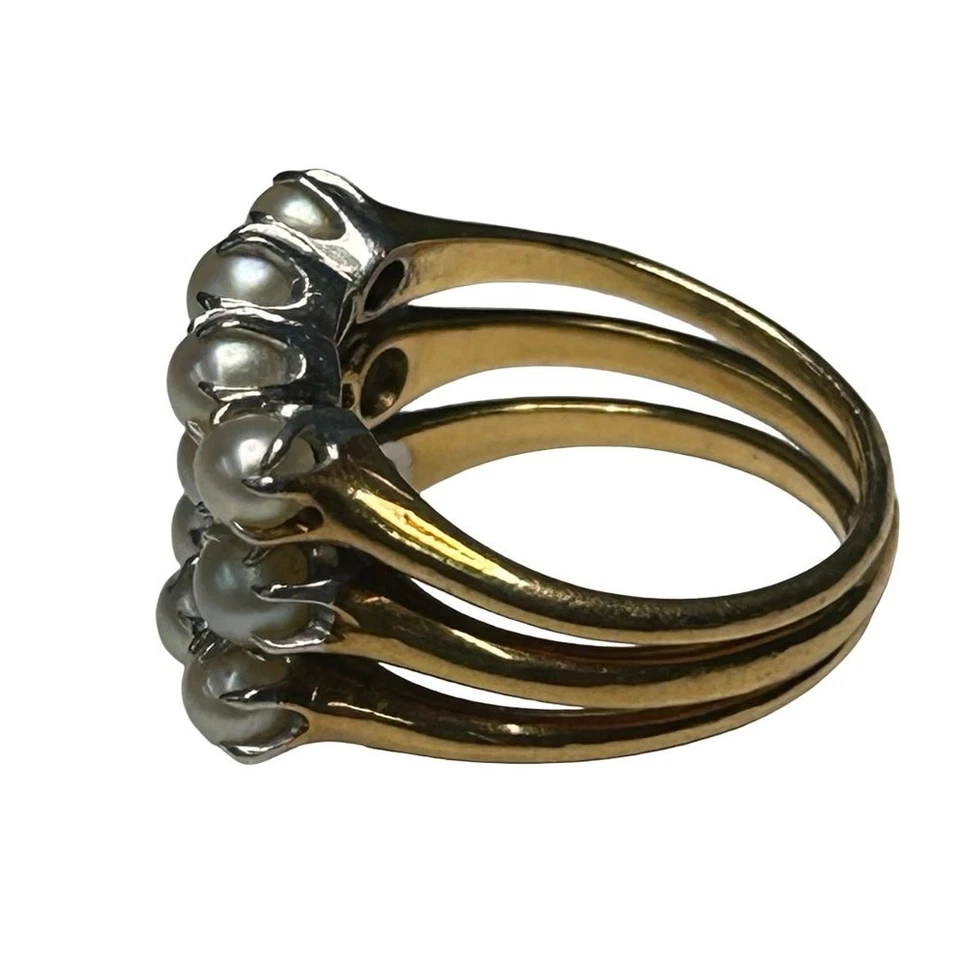 18K Gold Pearl & Diamond Ring Vintage Cluster Cocktail Design size 6 - Image 3 of 4