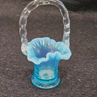 Vintage Fenton Small Basket blue Ruffled Edge with Opalescent Edge Clear Handle