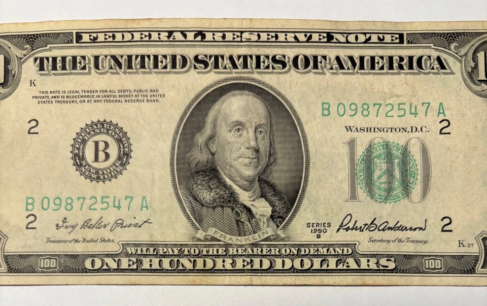 1950B $100 One Hundred Dollar Federal Reserve Note New York •Vintage US Currency - Image 2 of 4