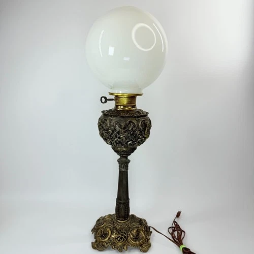 Antique Embossed Ornate Brass Electric Oil Table Lamp Milk Glass Globe Shade