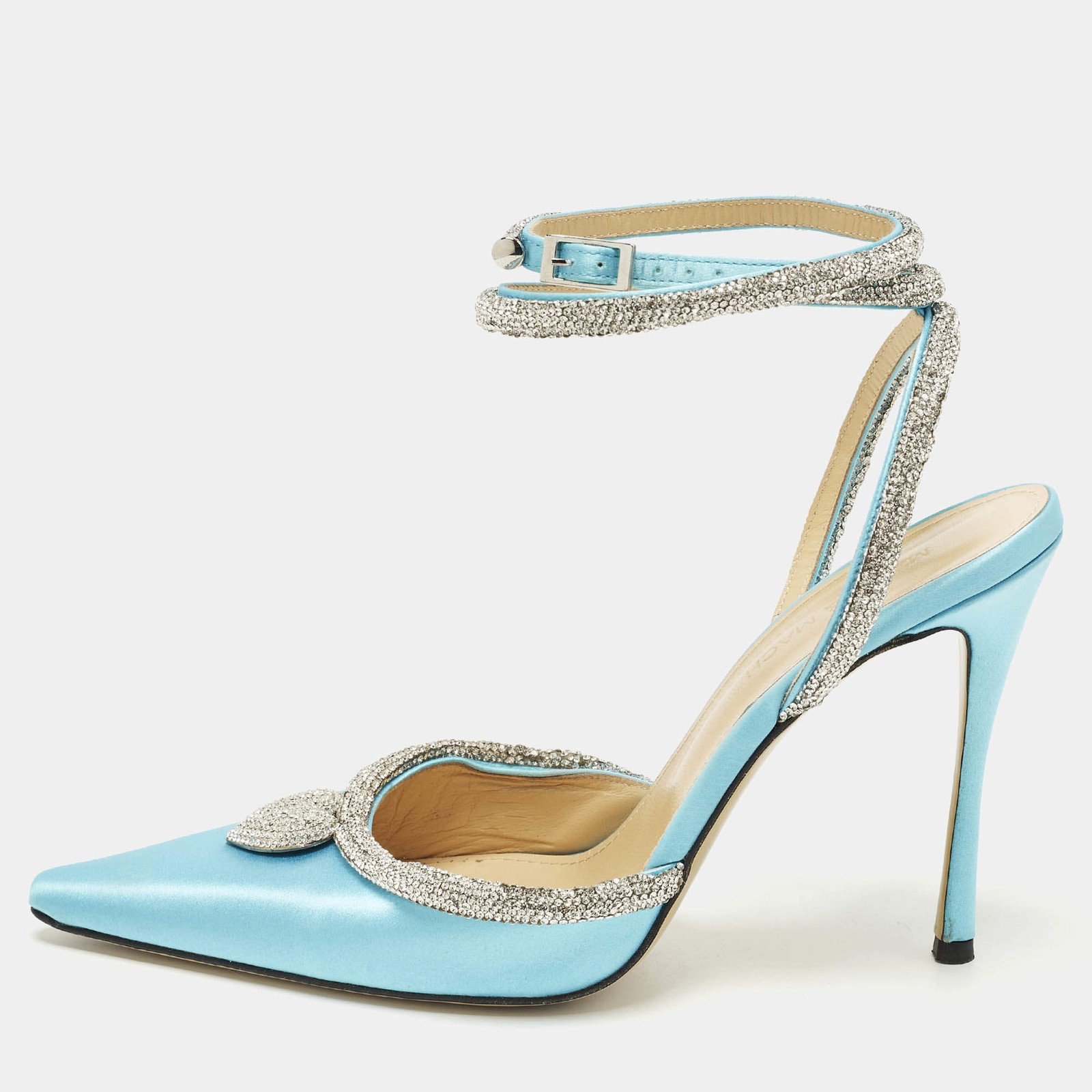 Mach Mach Size 39 Blue Satin Crystal Heart Pumps