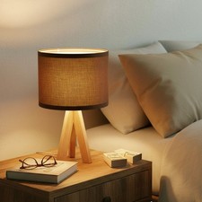 Rustic Wooden Table Lamp with Linen Shade & Bulb Cozy Warm Lighting Home Decor