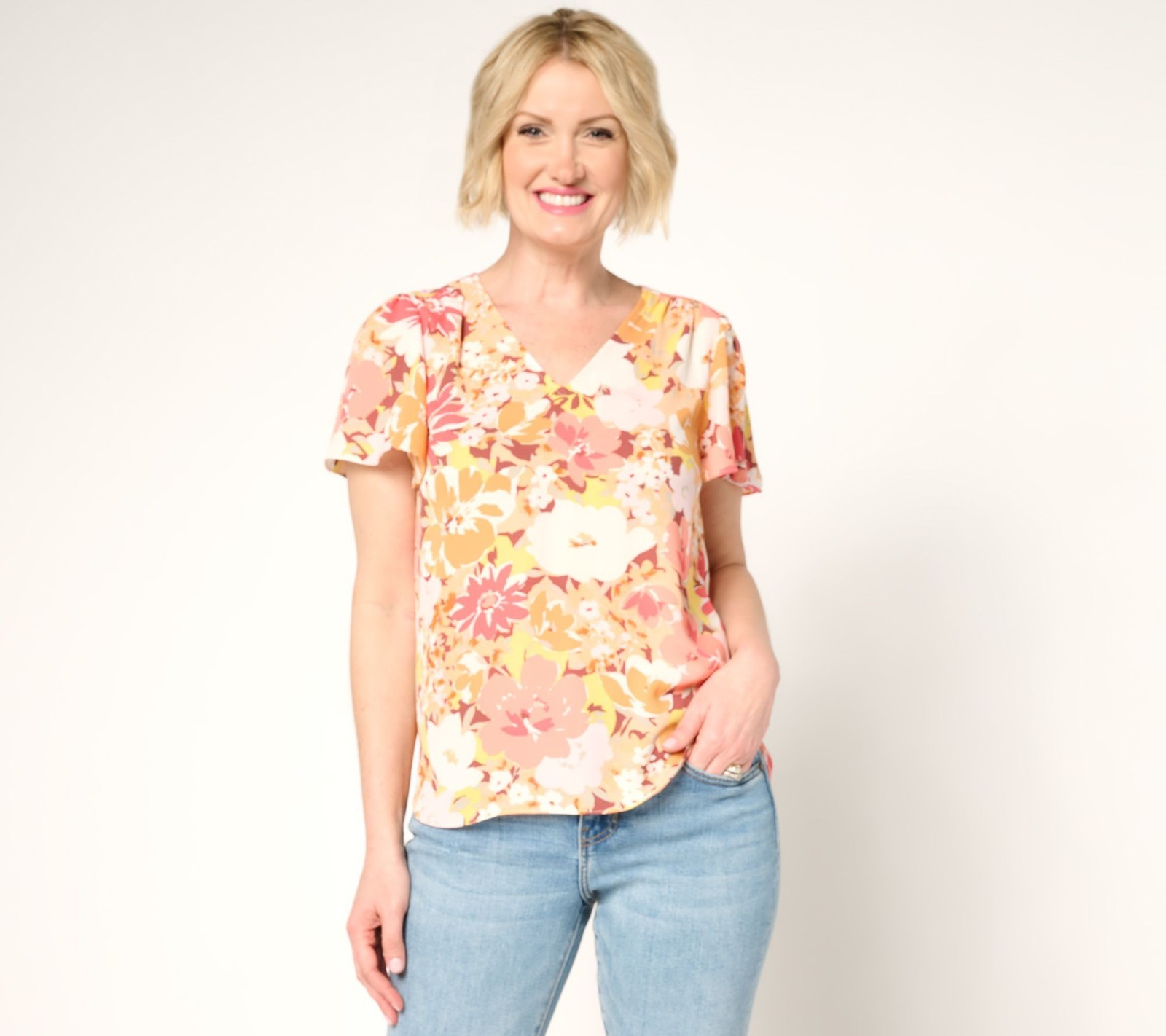 NYDJ Women's Top Sz L Pintuck Flutter Sleeve Blouse Multi-colored A686364