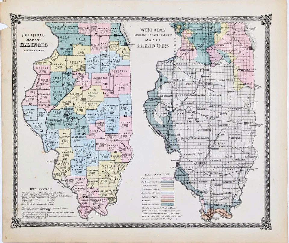 1875 ILLINOIS - POLITICAL & GEOLOGICAL Map (16x13) ORIGINAL Counties LARGE - Image 2 of 3