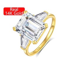 14K Solid Yellow Gold Ring 4Ct Emerald Cut Moissanite Super Gift for Girl Women