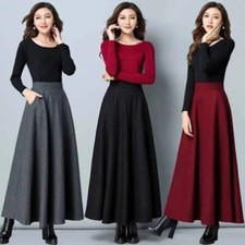New Women's Faux Woolen Skirt Elegant High Waist Wool A Line Skirts Pocket Skirt
