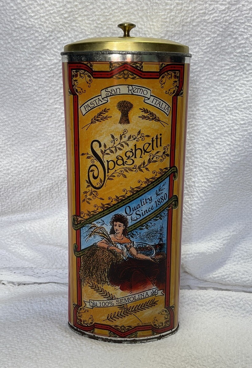 Vintage SPAGHETTI PASTA TIN metal storage canister holder San Remo