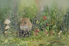 Harvest Mouse painting watercolour mice original animal toadstools rodent nature