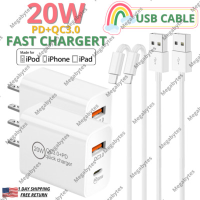 For iPhone 14 13 12 11 XR 6S 20W Fast Charger Block USB Cable Wall Power Adapter