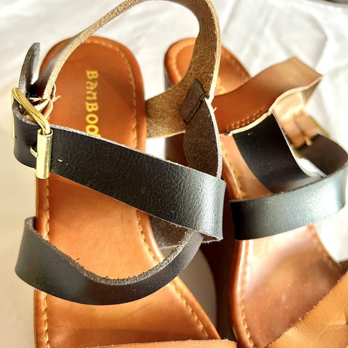 Bamboo Women's Sz 7.5 Strappy Brown Black Open Toe Wedge High Heels Shoes Pumps - Picture 4 of 13