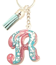 Purple and Teal Letter R Keychain with Silver Dots