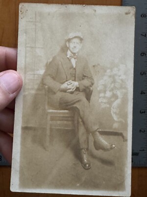 Antique Picture Postcard Dapper Man Nerdy Glasses Sitting in Chair Suit Hat 