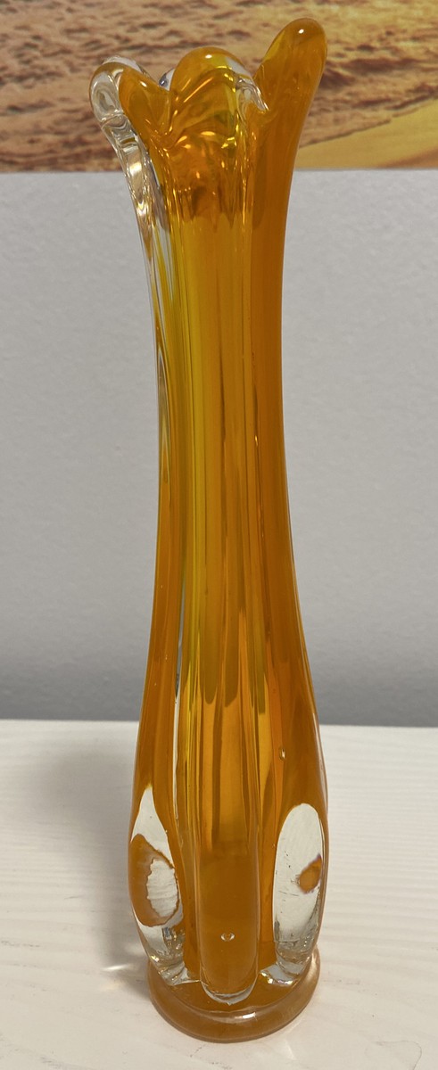 ●MODERN VINTAGE GLASS FLOWER VASE● Vintage Mid Century Modern Orange Clear Swung Glass Flower floral