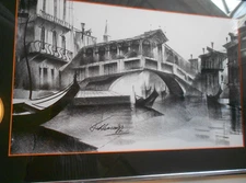 VINTAGE GONDOLA VENICE ITALY CHARCOAL PRINT FRAMED 23 1/2" X 16"