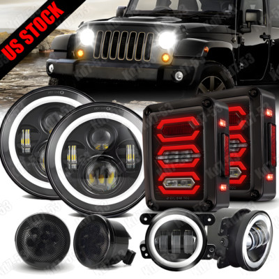 Combo 7 Inch Halo LED Headlights Turn Signal Fog Tail Light For Jeep Wrangler JK
