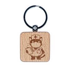 Serious Nurse Doctor Cat with Stethoscope Engraved Wood Square Keychain
