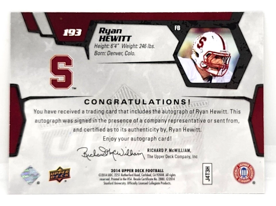 RYAN HEWITT AUTO ~ 2014 UPPER DECK STAR ROOKIES #193 ~ STANFORD CARDINAL BENGALS - Image 2 of 2