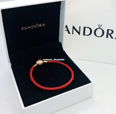 NEW 100% PANDORA 14k Gold Pl Clasp Red Woven Leather Charm