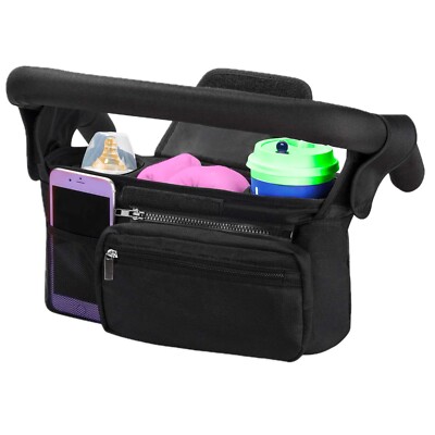 Black Stroller Organizer Detachable Bag Insulated Bottle Holders -NEW