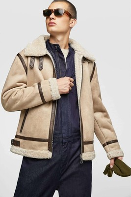 Zara Man Beige Aviator Shearling Jacket Coat Size Xl Ref 0706 010