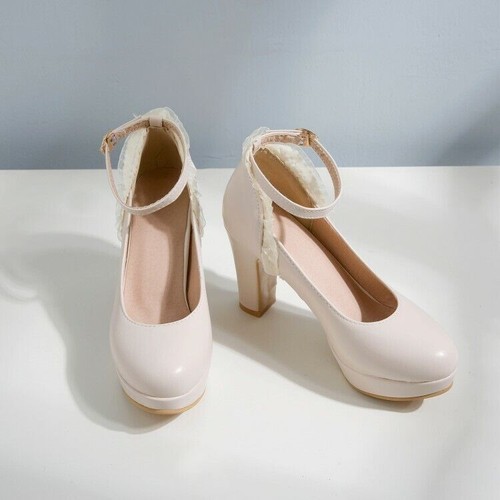 Para mujeres Encaje Plataforma Tacón Grueso Zapatos Hebilla Tacón Alto Punta Redonda Lindo Fiesta - Imagen 3 de 14