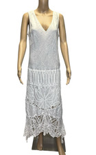 Y2K Spiegel Linen Crochet Maxi Dress Sz 14 Coastal Boho Shark Bite Hem Resort