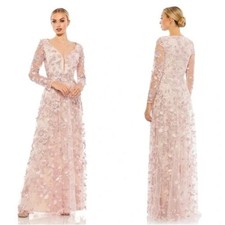 Mac Duggal Rose Pink Floral Applique Long Sleeve Illusion Formal Gown Pink Dress