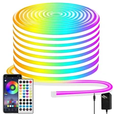 50ft Neon Rope Light, 24V RGB LED Strip Lights, Multi-Color, Music Sync, Dimm...