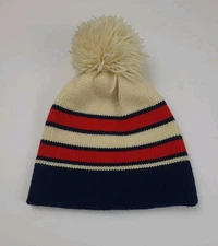 Vintage 80s Meister 100% Pure Wool Knit Pom Beanie Hat Striped Ski Winter USA 