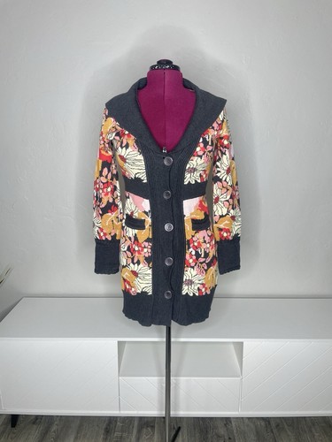 Vintage LIA MOLLY Anthropologie Cardigan M Floral Hooded Sweater Coat Intarsia