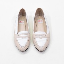 Vintage 1980s Flat Loafers 8.5 White Leather Beige Brogue Slip On Shoes