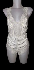VTG 80s Ivory Floral Ruffled Teddy Satin Sheer Coquette Lingerie One Piece Sz M