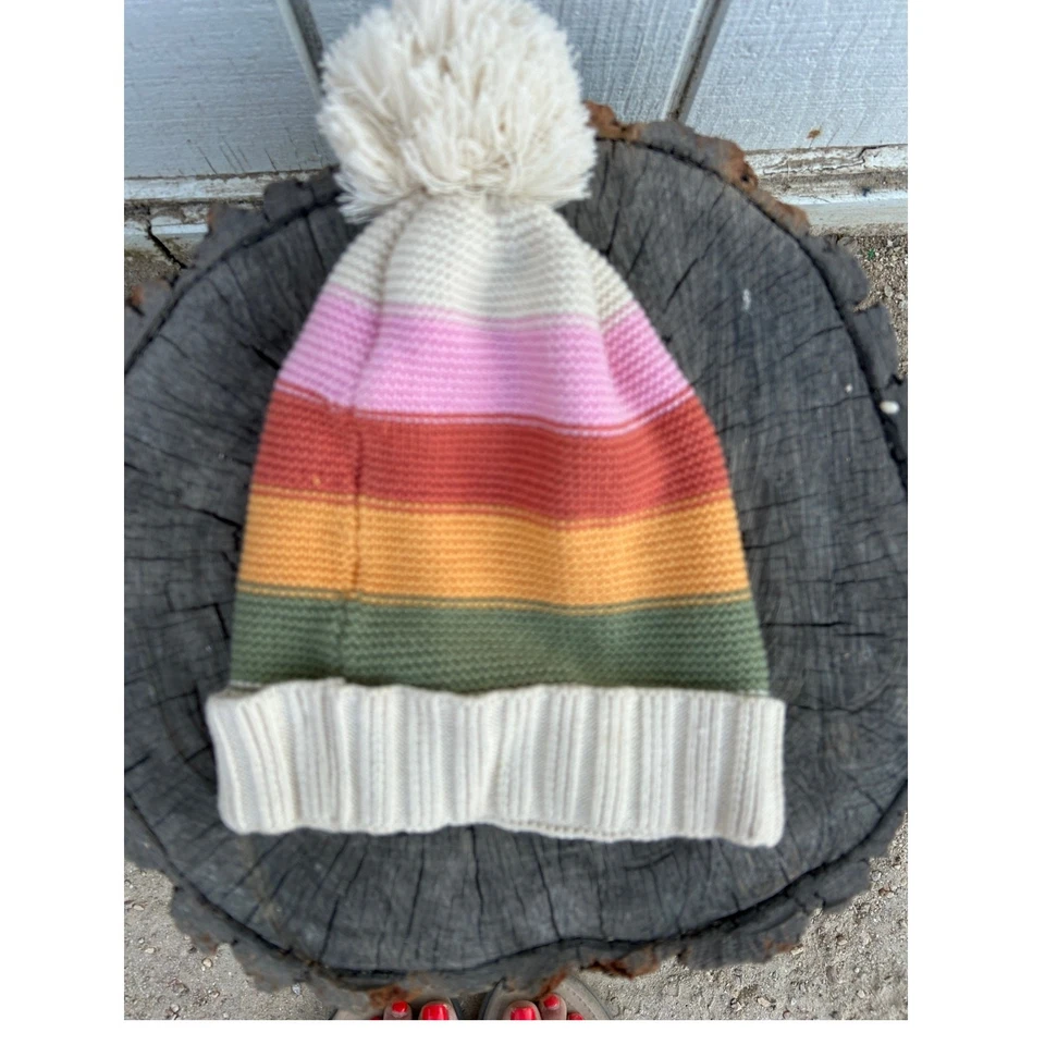 Billabong Knit Beanie Winter Hat, Striped, Ball On Top, Cotton Blend, One Size - Image 2 of 4