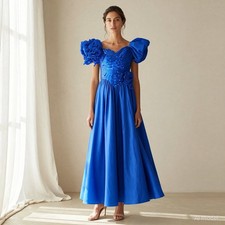 Evening Maxi Gown Blue Satin A-Line Sweetheart Puff Sleeve Sequins Lined US 10