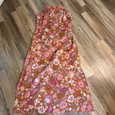 Ann Taylor Gold Pink Orange Floral Dress Stitched Waist Sz 8 Summer Coquette