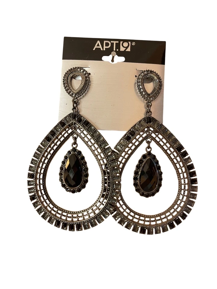 Apt.9 Black & Silver Teardrop Statement Earrings w Black Gemstone Pierced Ears - Image 2 of 4