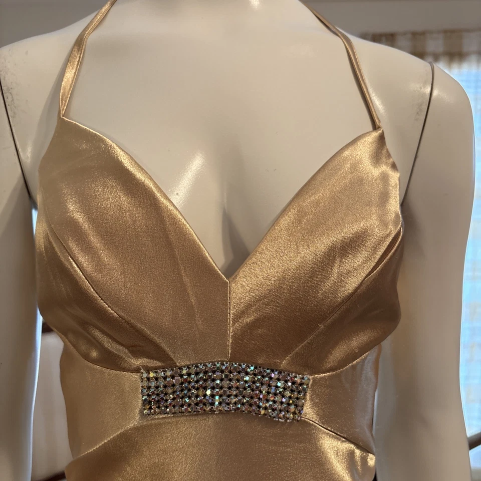 Vtg Gorgeous Formal Gold Halter Jessica McClintock For Gunne Sax Dress Sz 3/4 - Image 3 of 4