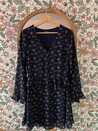 Brave Soul navy floral long-sleeve mini dress size S