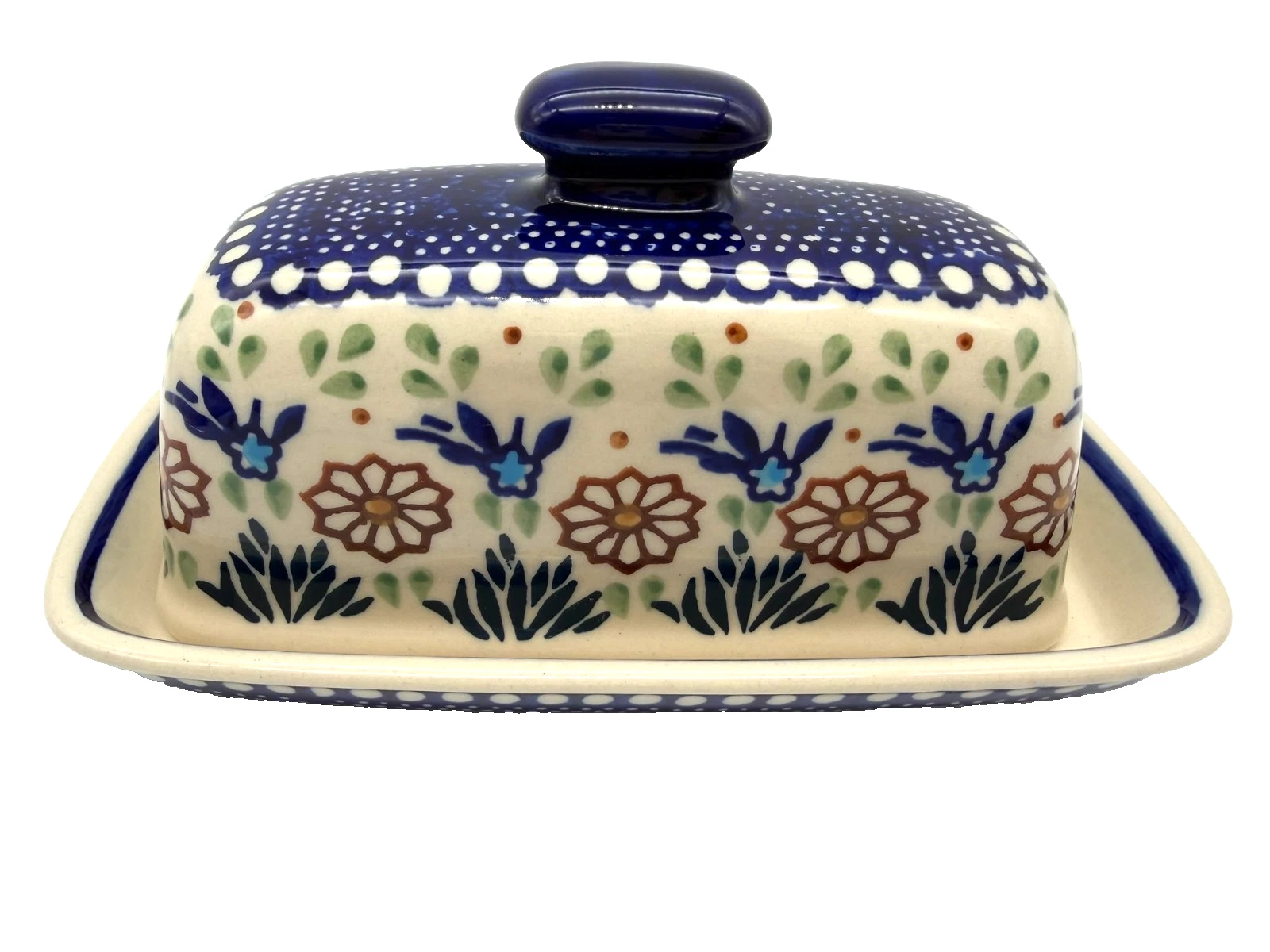 Vintage Boleslawiec Polish Folk Art Pottery Rectangular Lidded Butter Dish