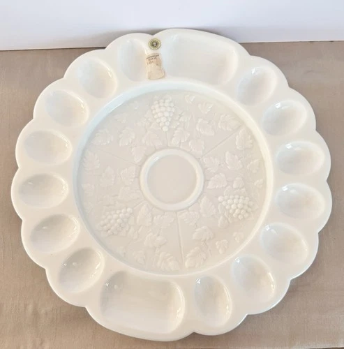 Westmoreland Deviled Egg Dish Plate Tray White Milk Glass Paneled Grape Vtg 13”
