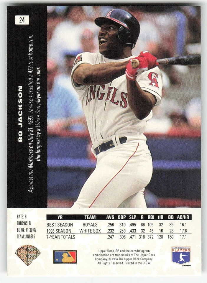 1994 SP #24 Bo Jackson BASEBALL California Angels - Image 2 of 2