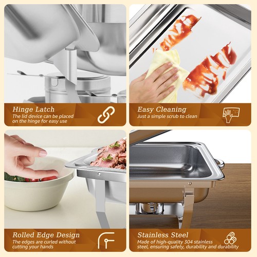 Plato de frotamiento de acero inoxidable de 8 cuartos para buffet con sartén de tamaño completo para bodas - Imagen 42 de 60