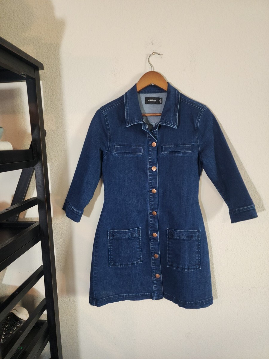 minkpink denim dress Button Through Floral Denim Dress with Tie Waist