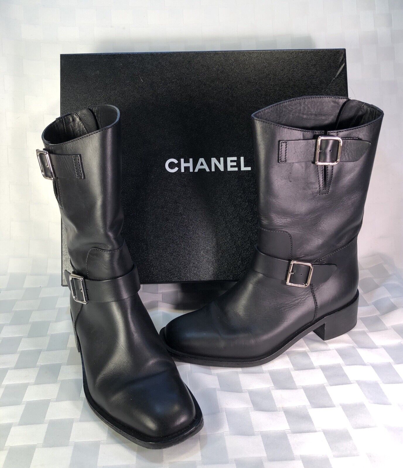 Authentic 2012 CHANEL Mail order Albuquerque Mall cheap Moto Boots Black Karl 39.5 Size Lagerfeld Leather Mid-Calf