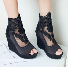 Women's Peep Toe Mesh Splicing Platform Wedge Heel Sandals Zip Shoes 50/51/52