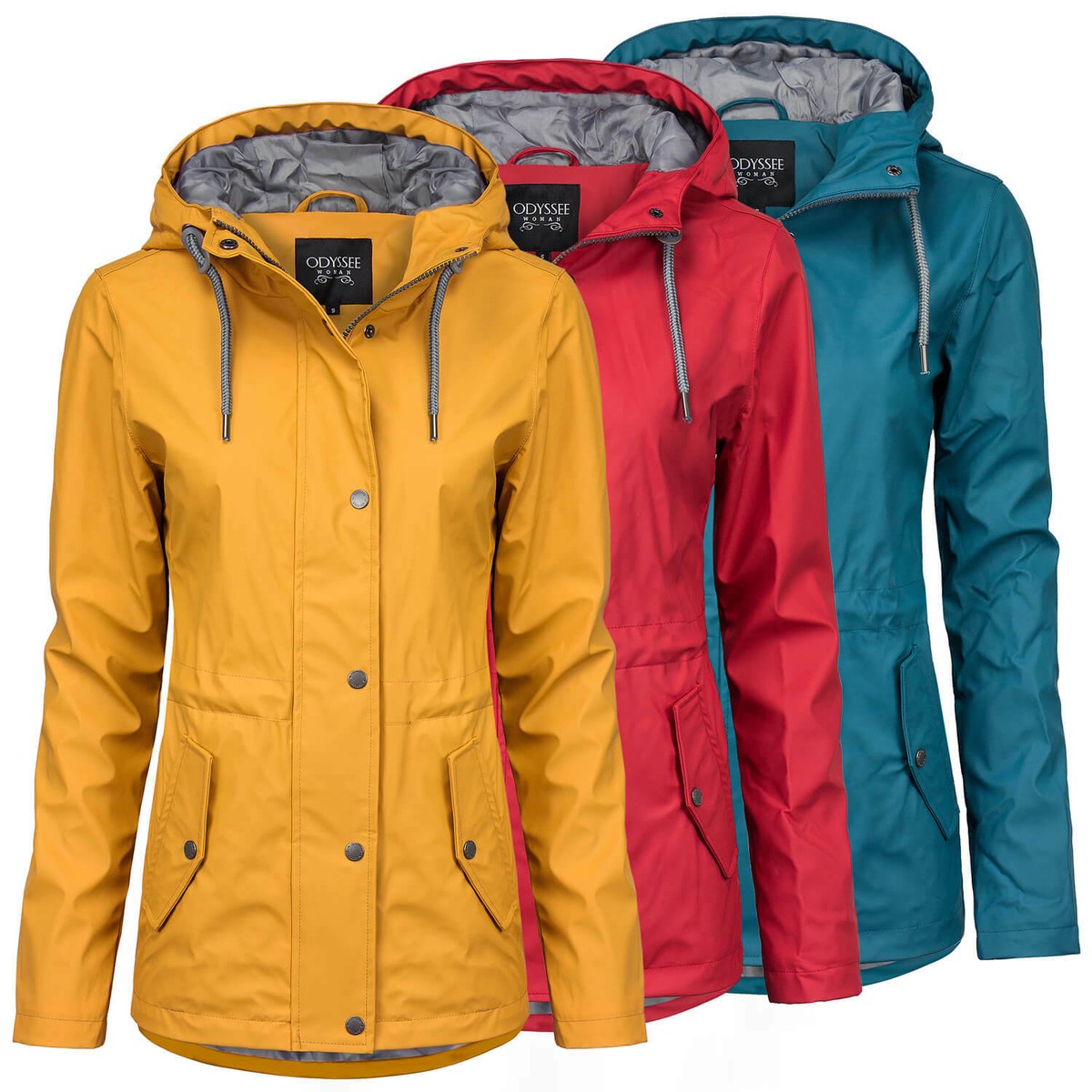 ODYSSEE Damen Regen Mantel Jacke Parka mit Kapuze Tunnelzug Kurzmantel  Outdoor